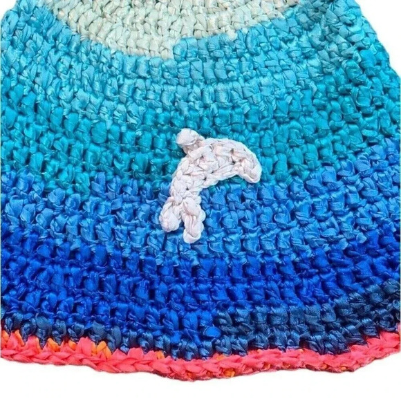 Crochet Dolphin Bucket Hat Adult MEDIUM Size Sun Brim Blue/Pink Beach Vacation - Picture 3 of 4
